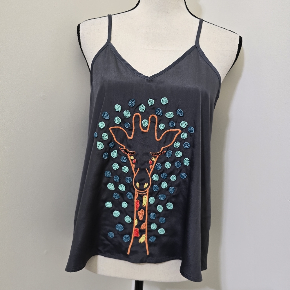 AMERICA & BEYOND Small Wild Animal Beaded Embroidered Satin Cami Tank Gray